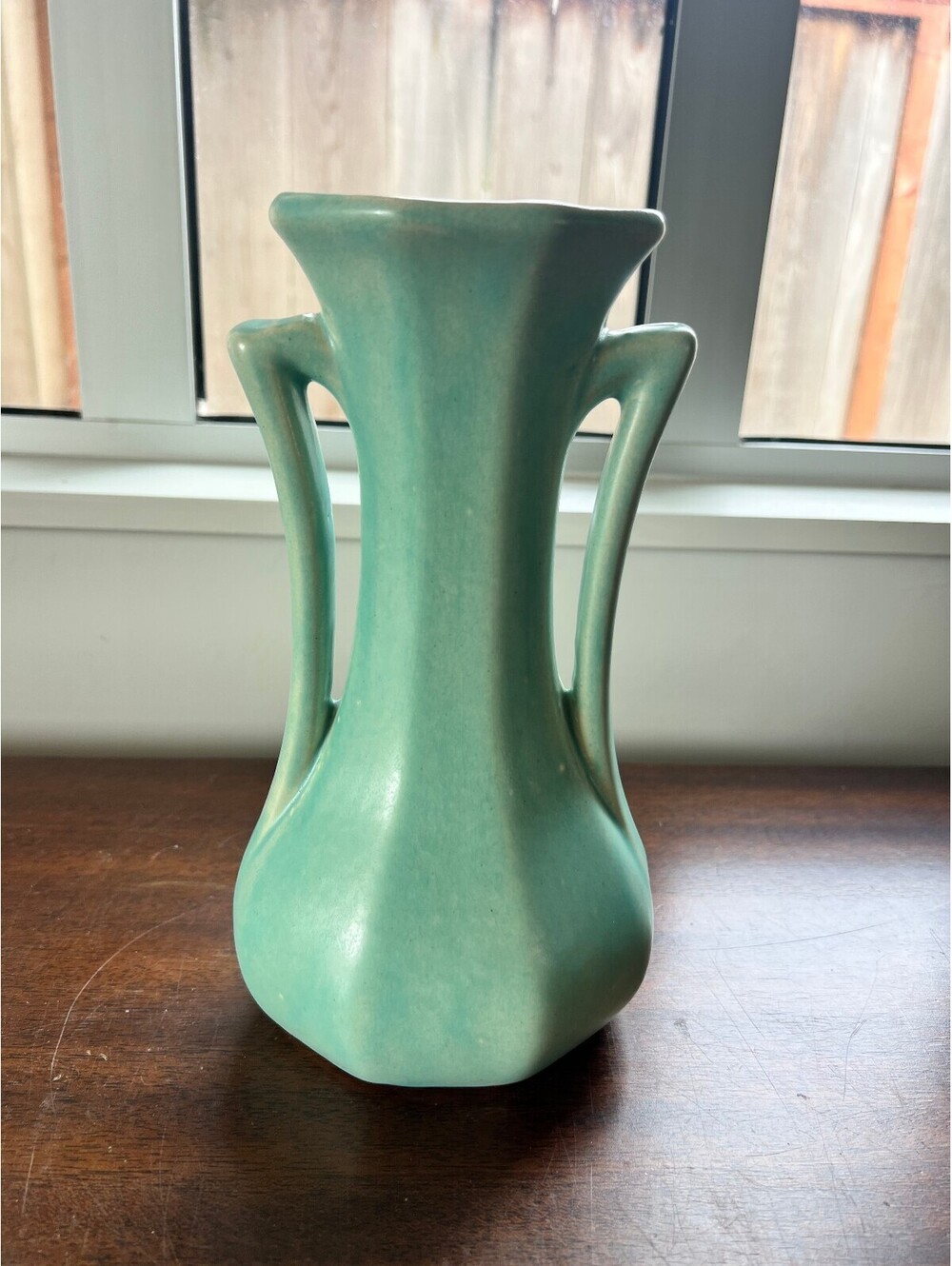 Arts Crafts Matte Green Pottery Vase 8.75in Buttressed Handles AS-IS